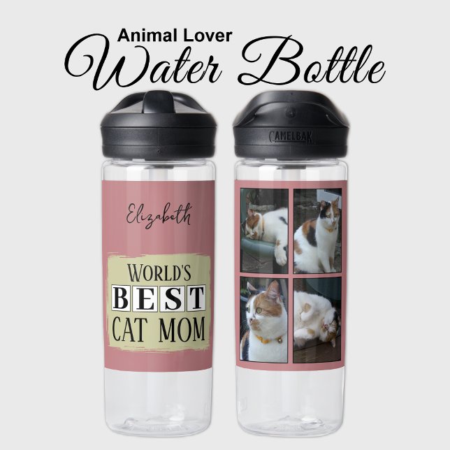 Best cat mum 4 photo name pink green water bottle (Creator Uploaded)
