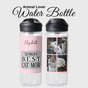 Best cat mum 4 photo name pink grey water bottle
