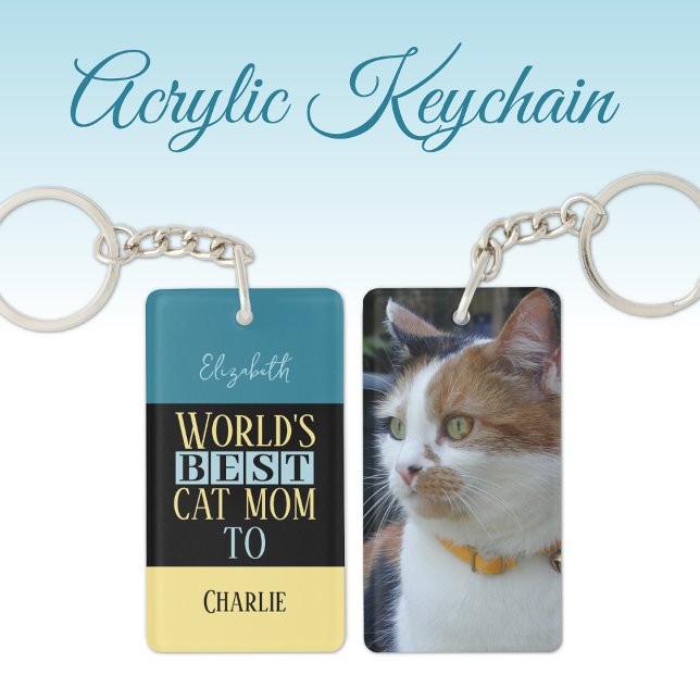 Best cat mum add name photo blue yellow key ring (Creator Uploaded)