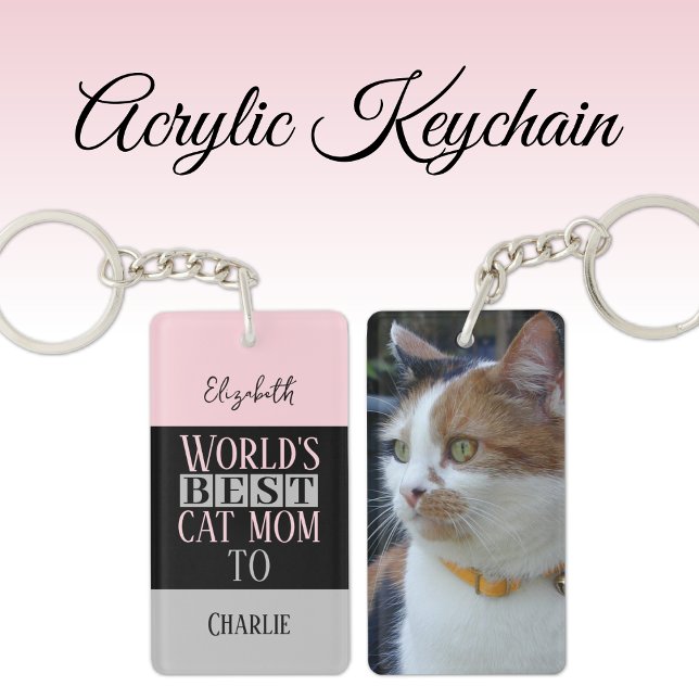 Best cat mum add name photo pink grey key ring (Creator Uploaded)