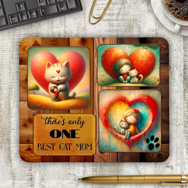 Best Cat Mum Art or Photo Mouse Pad (Cat mom mouse pad featuring 3 colorful cat art works or your photos on an elegant wood design)