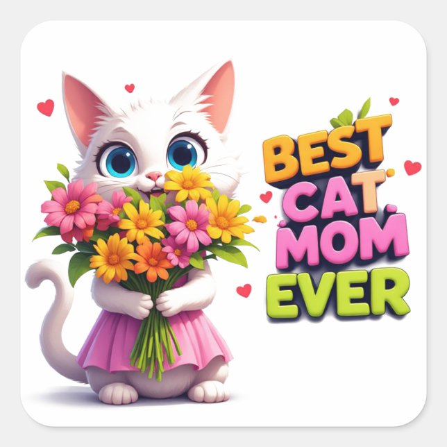 Best Cat Mum Cute Kitty With Flowers 🐾 Square Sticker (Front)