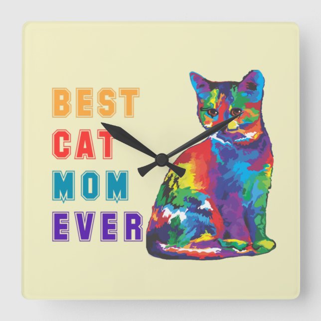 Best cat mum ever colourful cute cat kitten square wall clock (Front)