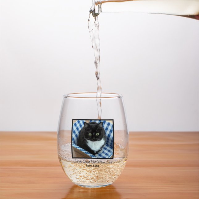 Best Cat Mum Ever Custom Photo and Text Stemless Wine Glass (Creator Uploaded)