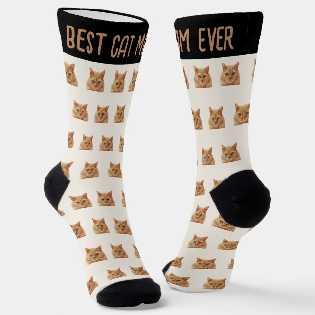 Best Cat Mum Ever Pet Head Photo Pattern Ivory Socks (Angled)