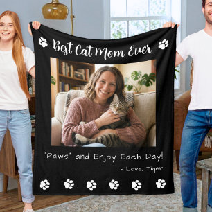 Best Cat Mum Paws Pet Photo Black Fleece Blanket