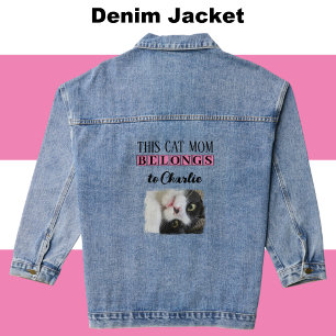 Best cat mum photo add name pink denim jacket