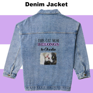 Best cat mum photo add name purple denim jacket