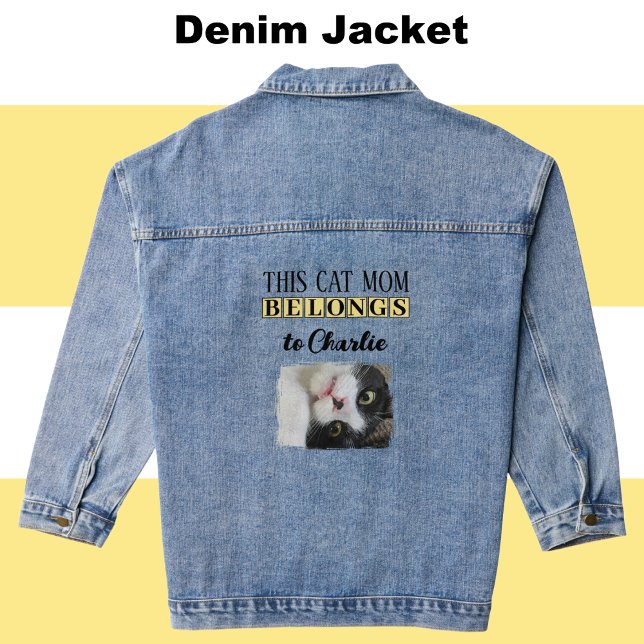 Best cat mum photo add name yellow denim jacket (Creator Uploaded)