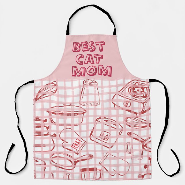 "Best Cat Mum" Red & Pink Apron (Front)