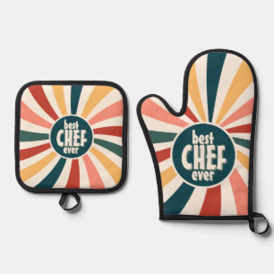 Best Chef Ever Colourful Retro Pattern Cooking Oven Mitt & Pot Holder Set