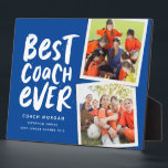 Best coach ever blue two photo team thank you plaque<br><div class="desc">Say thank you to a great coach and celebrate a wonderful season with this fun two-photo plaque with a royal blue and white colour scheme. Personalise it with your own text too to commemorate a successful season. Makes a great way to show your appreciation for any sports season and athletes...</div>