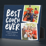 Best coach ever navy two photo team thank you plaque<br><div class="desc">Say thank you to a great coach and celebrate a wonderful season with this fun two-photo plaque with a navy and white colour scheme. Personalise it with your own text too to commemorate a successful season. Makes a great way to show your appreciation for any sports season and athletes young...</div>