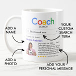 Best Coach Ever Search Results Photo & Message Coffee Mug<br><div class="desc">Say thank you to a coach with this modern mug, featuring a 'Search' logo with a single search result for "Best coach ever', consisting of the coach's name, a photo, your personal message and a 5-star rating. If you need any help customising this, please message me using the button below...</div>