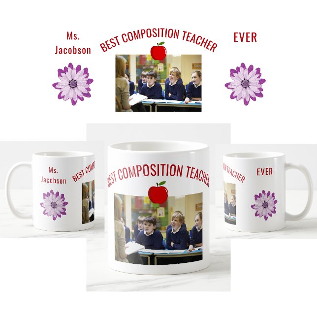 Best Composition Teacher Name Photo Appreciation Coffee Mug (Best Composition Teacher Ever photo mug. Name. Flowers. Apple. Modern, cute teacher appreciation mug)