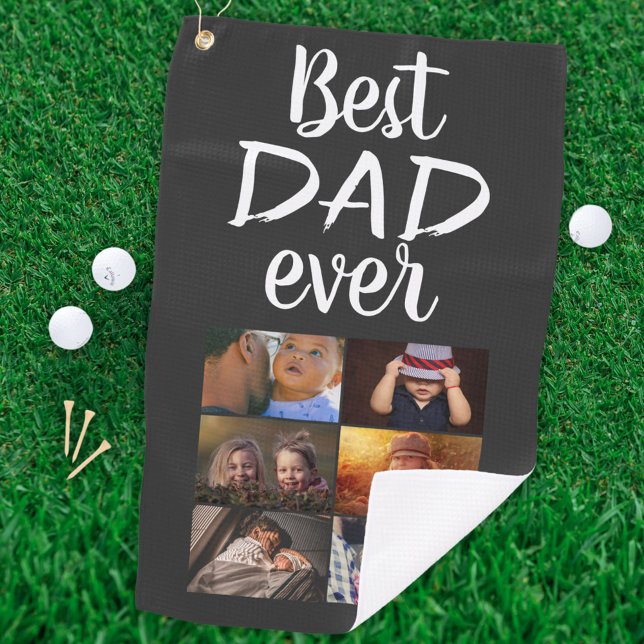 Best Dad 6 Photo Collage Family Photo Grey Golf Towel (Creator Uploaded)