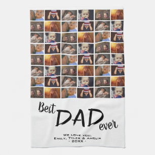 Best Dad 6 Photo Collage Family Photo Pattern  Tea Towel