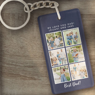 Best Dad! 6 Photos Custom Message Navy Blue Key Ring