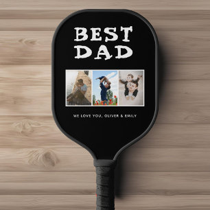 Best Dad Black Custom 3 Photo Collage Pickleball Paddle