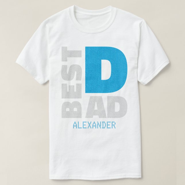 Best Dad Blue Silver Glitter Name Customised T-Shirt (Design Front)