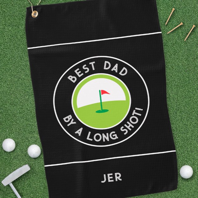 Best Dad By A Long Shot Fun Golfer Modern Black Golf Towel (Creator Uploaded)