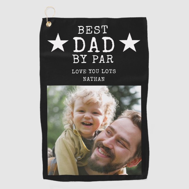 Best Dad by Par Black And White Name Photo  Golf Towel (Front)
