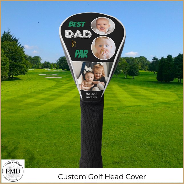 Best Dad By Par Custom 3 Photo Father's Day  Golf Head Cover (Best Dad By Par Customer Three Photo Golf Head Cover with Children's Names, Photos.)