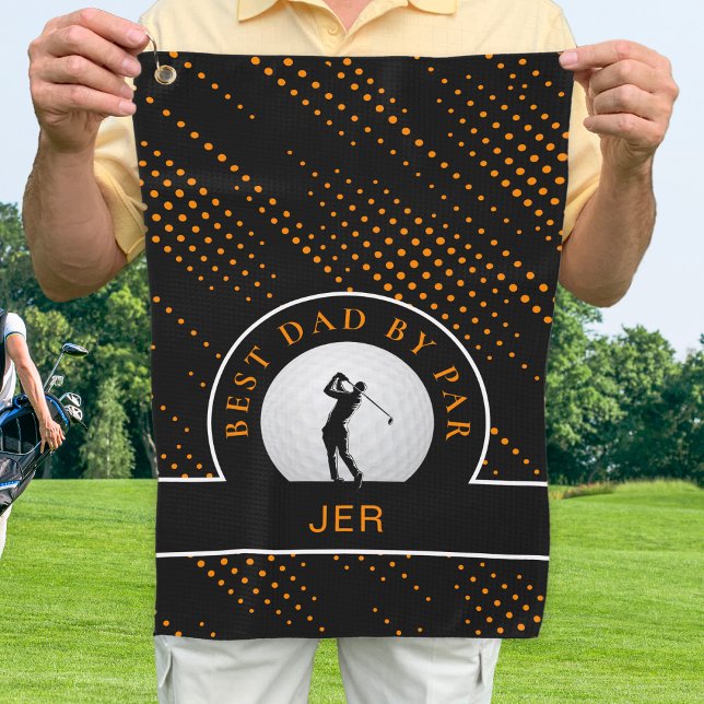 Best Dad By Par Custom Male Golfer Black Orange Golf Towel (Creator Uploaded)