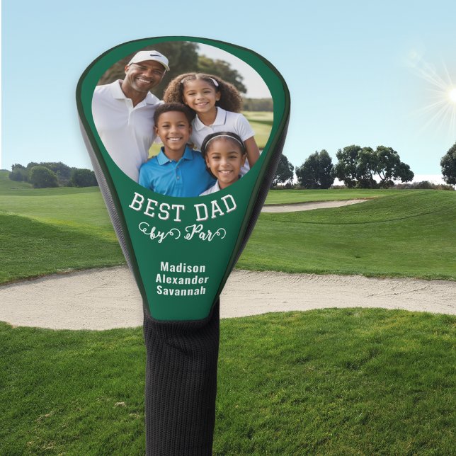 Best Dad By Par Father's Day Custom Photo Green Golf Head Cover (A stylish green golf head cover, with 'Best Dad by Par' caption, personalized with photo and names)
