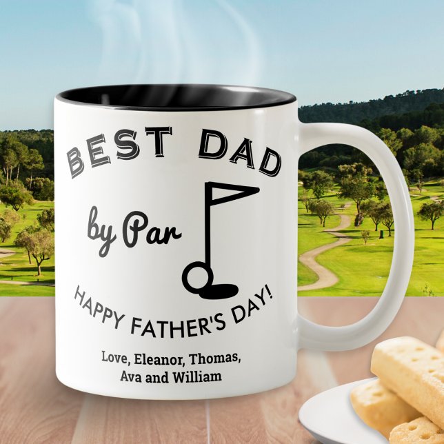 Best Dad by Par Father's Day Golf Themed Two-Tone Coffee Mug (A golf themed coffee mug for Father's Day, with 'Best Dad by Par' words and custom message)