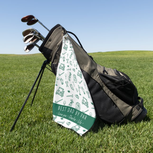 Best Dad By Par Golf Dad Custom Names Hand-drawn  Towel (Green)