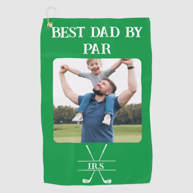 Best Dad by Par Photo Initials Gift for Dad Green  Golf Towel (Front)