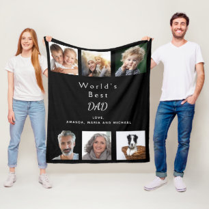 Best DAD custom family photo collage black Fleece Blanket