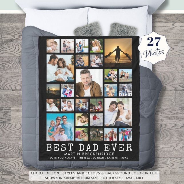BEST DAD EVER 27 Photo Collage Your Text Black Fleece Blanket (Creator Uploaded)