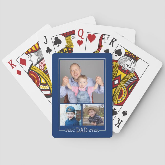 Best Dad Ever 3 Photo Collage Blue Playing Cards (Back)