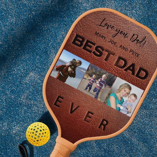 Best dad ever 3 photo collage typography pickleball paddle (Creator Uploaded)