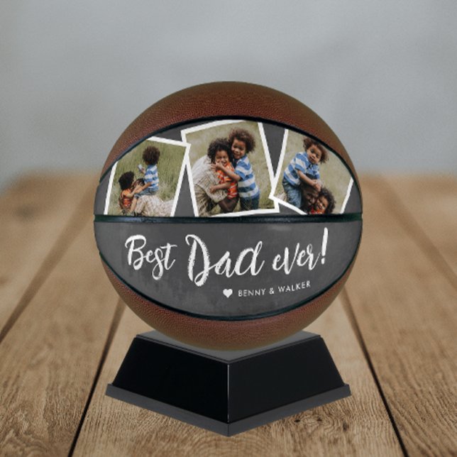 Best Dad Ever 3 Photo Fathers Day College Basketball (Personalized gift for dad with 3 photo collage and modern script Best Dad Ever!)