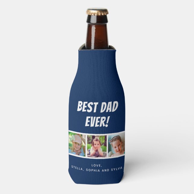 Best Dad Ever 3 Photos on Dark Blue Bottle Cooler (Bottle Front)
