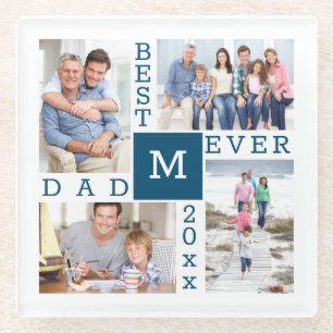 Best Dad Ever 4 Photo Collage Blue White Monogram Glass Coaster