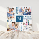 Best Dad Ever 4 Photo Collage Blue White Square Canvas Print<br><div class="desc">Custom Photo Collage Canvas Print for the Best Dad Ever. The template is set up ready for you to add 4 of your favourite photos, the year and initial. A great gift for father's day, a birthday or as a keepsake of an event or personal achievement. The design has a...</div>