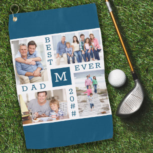 Best Dad Ever 4 Photo Collage Custom Year Blue Golf Towel