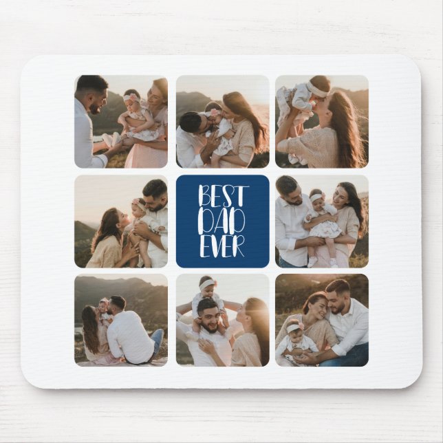 Best Dad Ever 8 Photo Handwritten Script Blue Mouse Pad (Front)