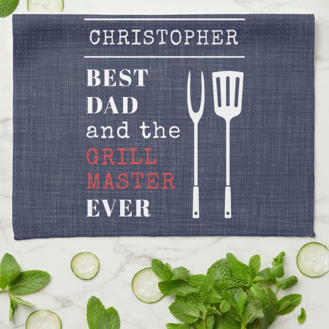 Best Dad Ever Barbecue Grill Master Fathers Name Tea Towel (Folded)