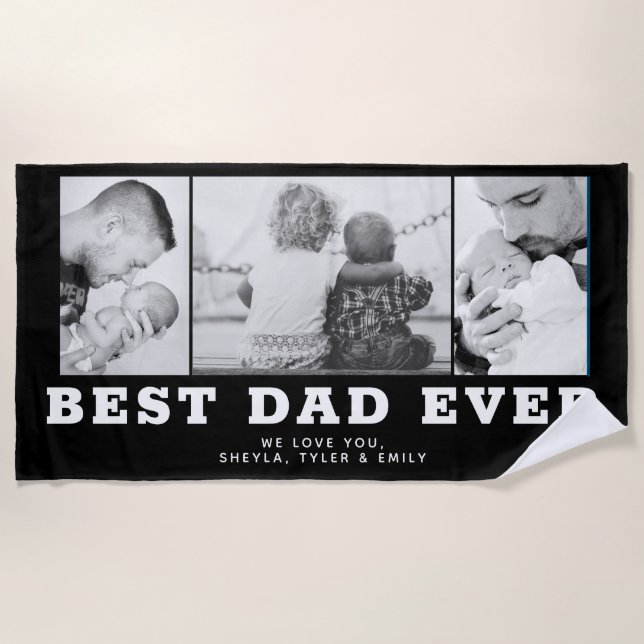 Best Dad Ever Black Father`s Day 3 Photo Collage Beach Towel (Front)
