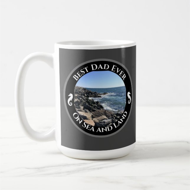 Best Dad Ever Blue Atlantic Ocean Rocky Seashore Coffee Mug (Left)