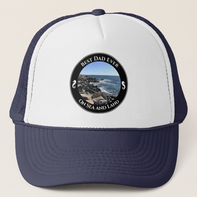 Best Dad Ever Blue Atlantic Ocean Rocky Seashore Trucker Hat (Front)