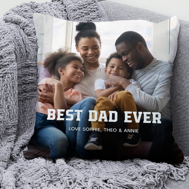 Best Dad Ever | Bold Modern Text and Two Photos Cushion (Creator Uploaded)