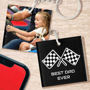 Best Dad Ever Chequered Flags Custom Photo Black Key Ring