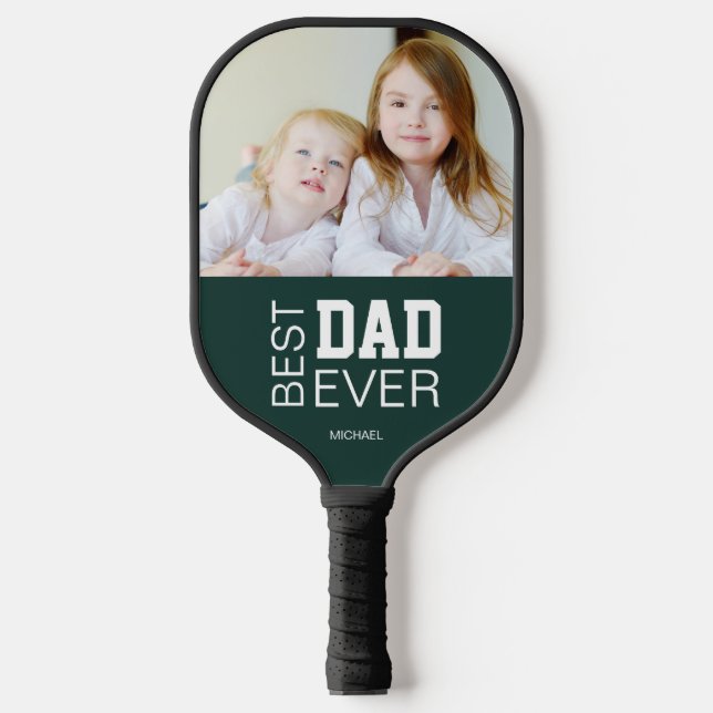 Best Dad Ever Custom Photo Name Green Pickleball Paddle (Front)