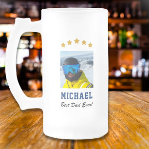 Best Dad Ever Custom Photo Text Five Stars Frosted Glass Beer Mug